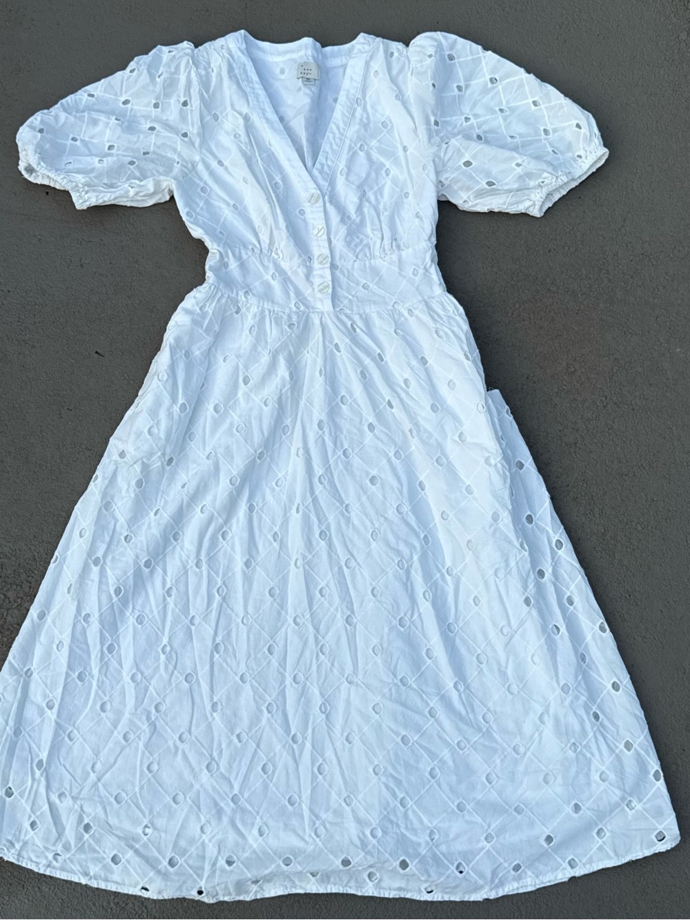 A New Day White Eyelet Puff Sleeve Button Front Midi Dress Women’s XS